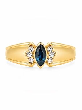 14K Solid Gold Natural Blue Green Sapphire Diamond Ring Marquise Vintage Sz 6